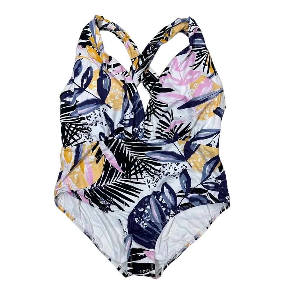 SwimRX One Piece Swimsuit Size 2X Tropical Print Plunge Beach Vacation Resort